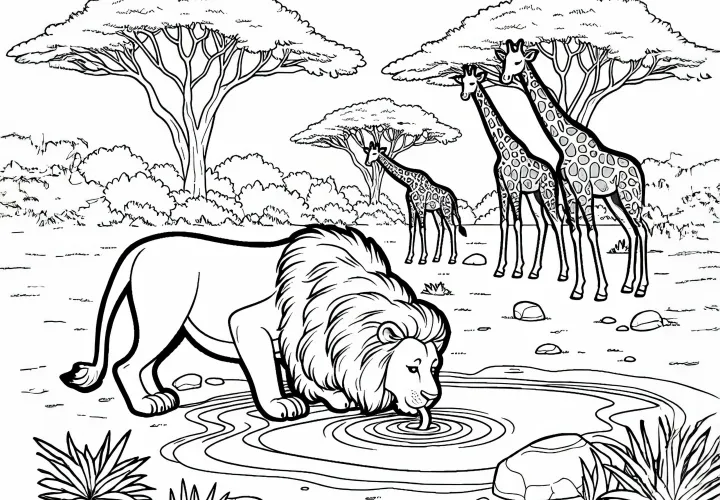 Oroszlán a víznyelőn, zsiráfokkal: Egyszerű színezőlap (Ingyenes)