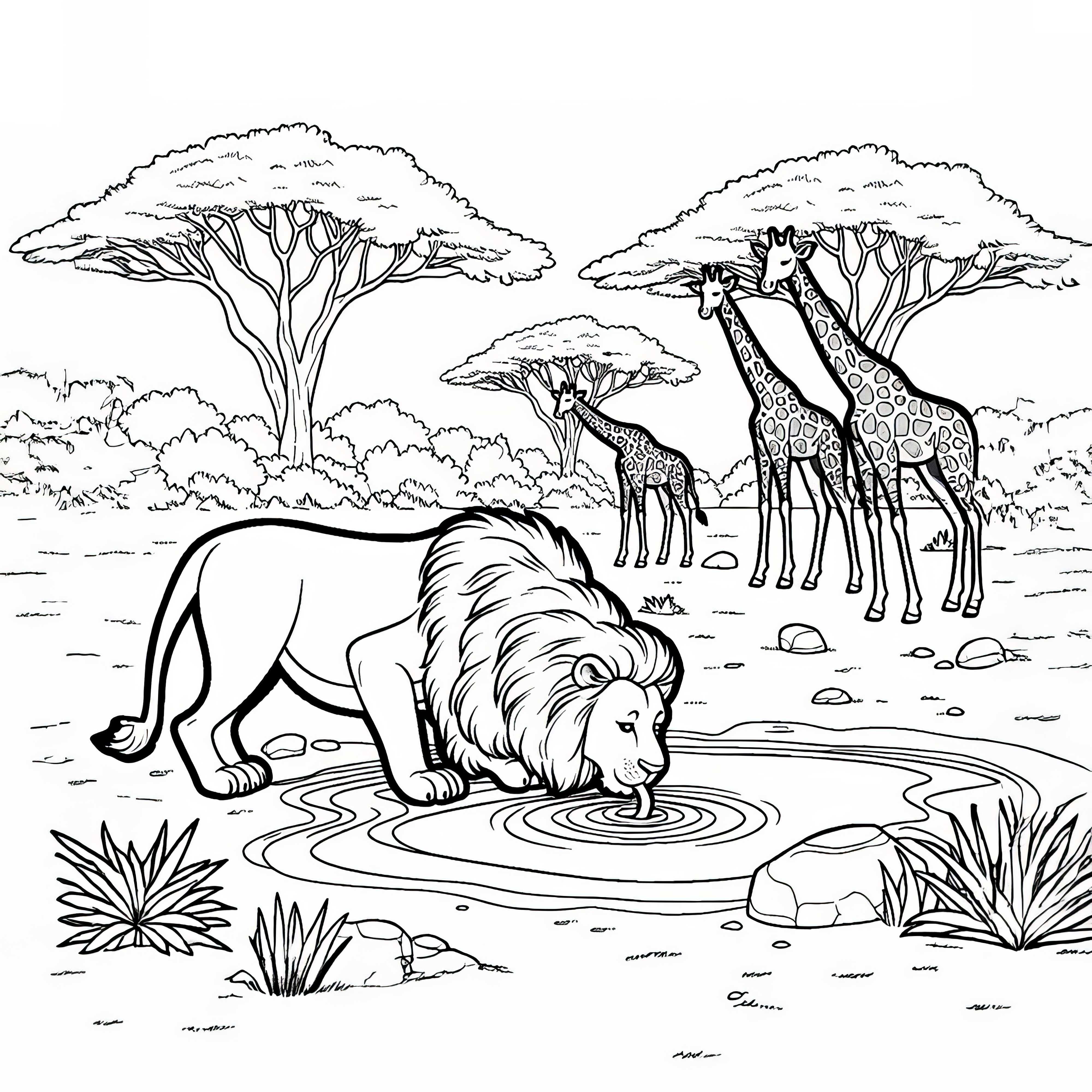 Leone al prato d'acqua con giraffe: semplice disegno da colorare (gratuito)