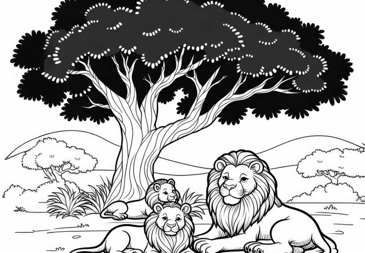 Famiglia di leoni sotto un albero: semplice modello da colorare (gratis) Famiglia di leoni sotto un albero: semplice modello da colorare (gratis)