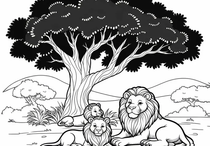 Oroszláncsalád egy fa alatt: Egyszerű színezőlap (Ingyenes)