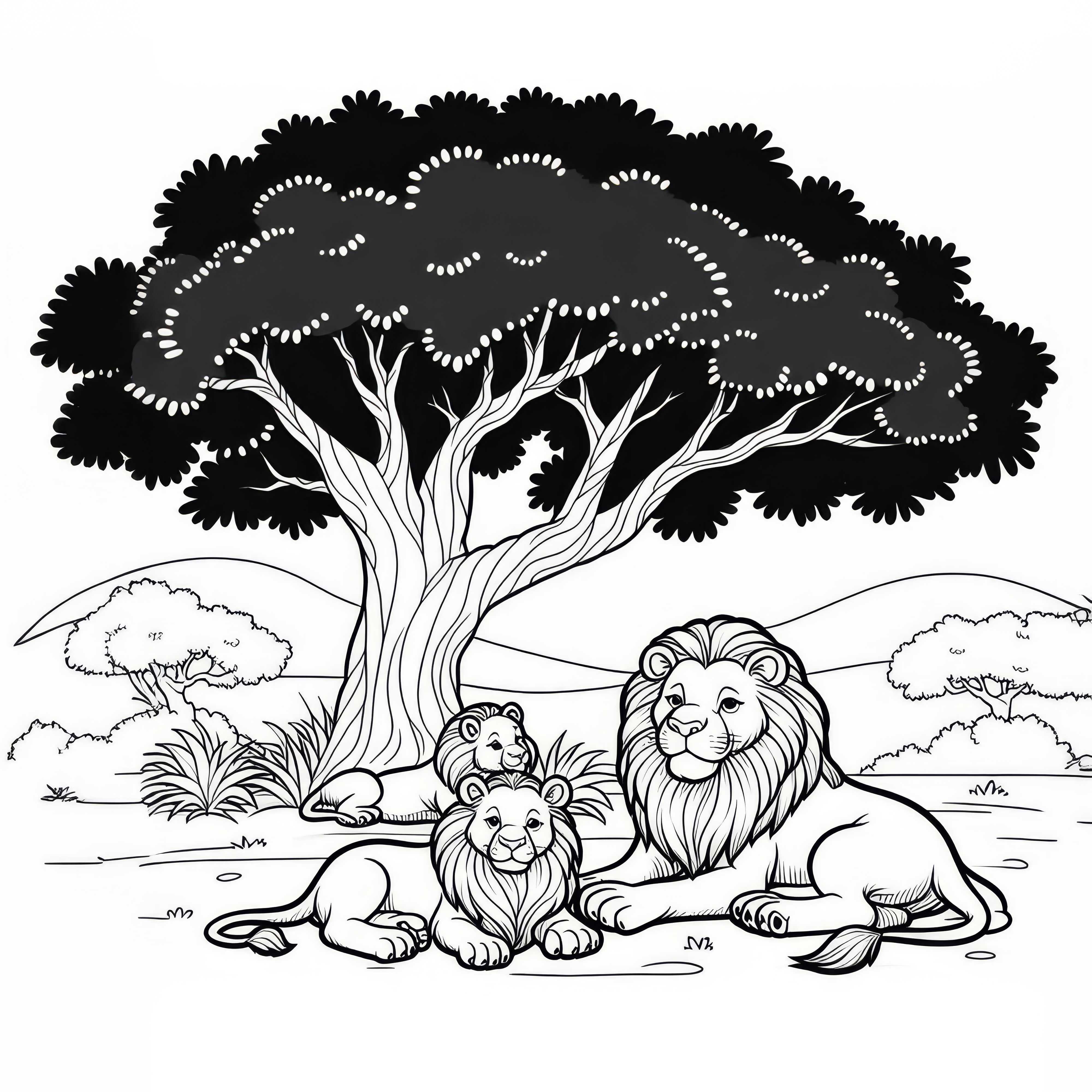 Famiglia di leoni sotto un albero: Modello da colorare semplice (Gratis)