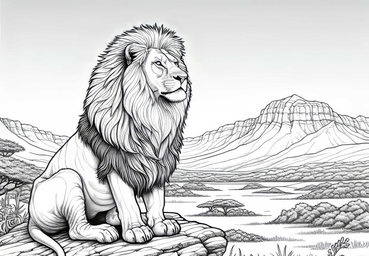 Leone orgoglioso su un masso nella savana: Modello da colorare dettagliato (Gratis) Leone fiero su una roccia nella savana: Modello da colorare dettagliato (Gratis)