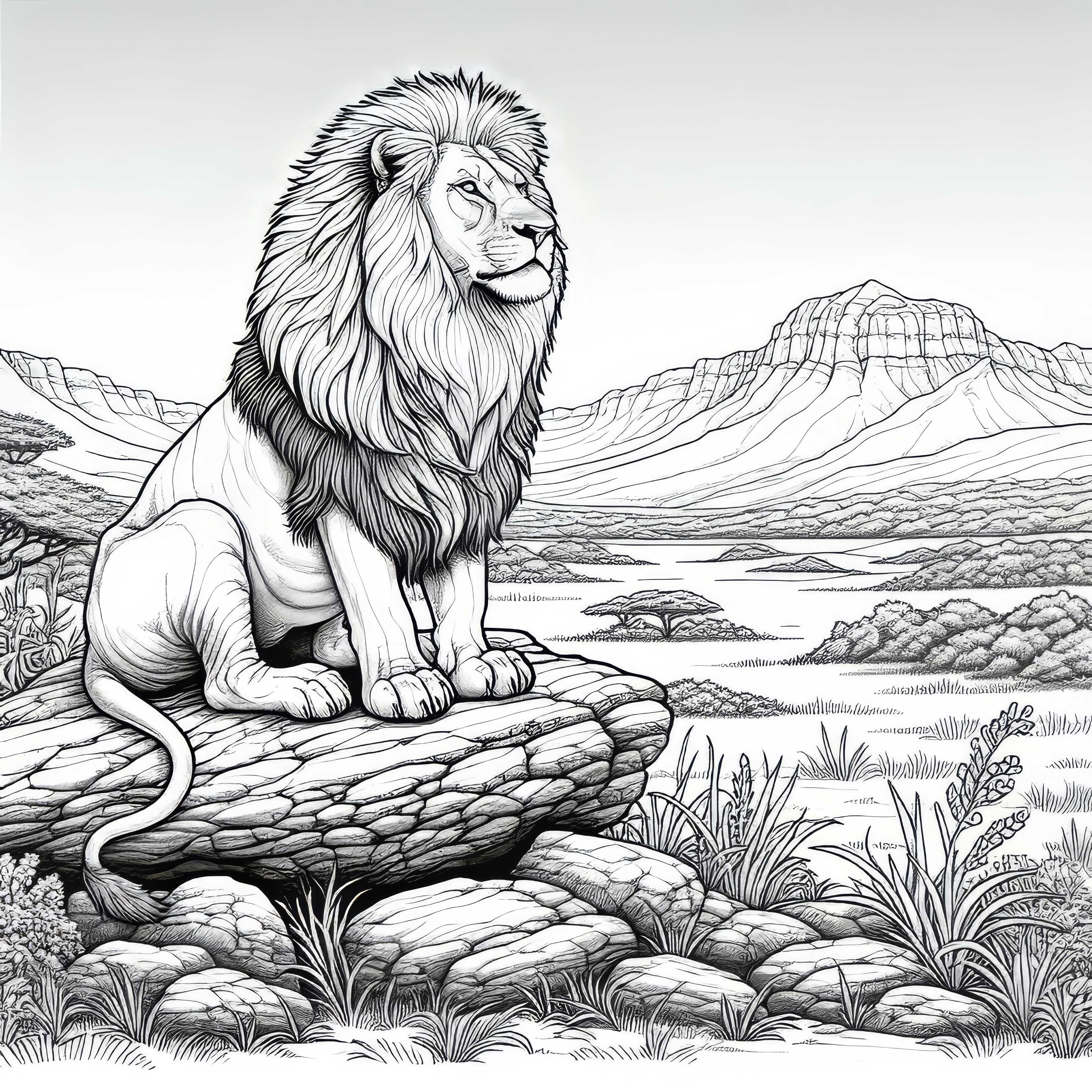 León orgulloso en una roca en la sabana: Plantilla de dibujo detallada (Gratis)