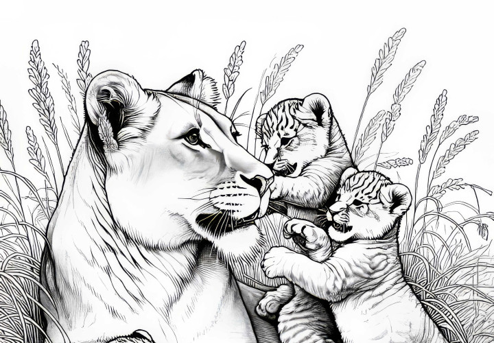 La leonessa gioca con i suoi cuccioli: modello da colorare da scaricare (gratuito) La leonessa gioca con i suoi cuccioli: Disegno da colorare da scaricare (Gratis)