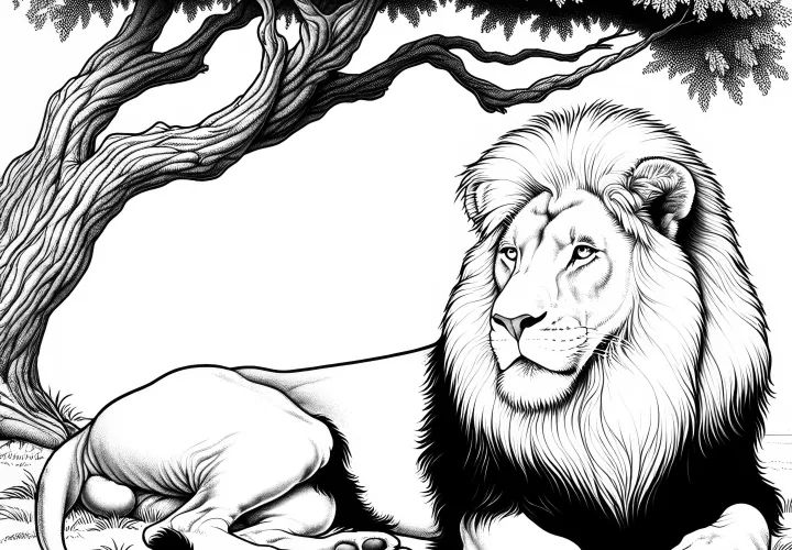 Oroszlán egy fa alatt: Részletes színező kép (Ingyenes)