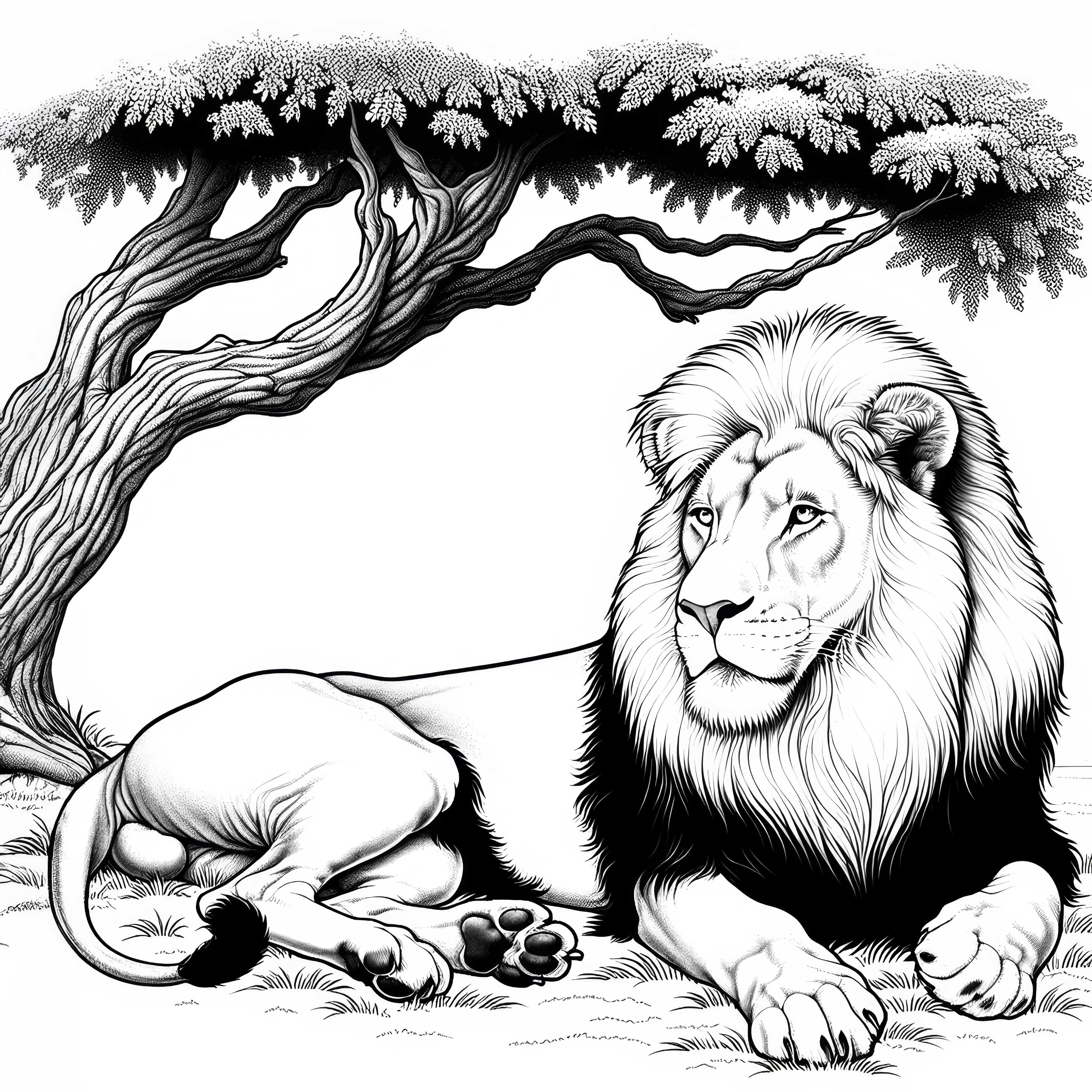 Leone sotto un albero: Disegno da colorare dettagliato (Gratis)