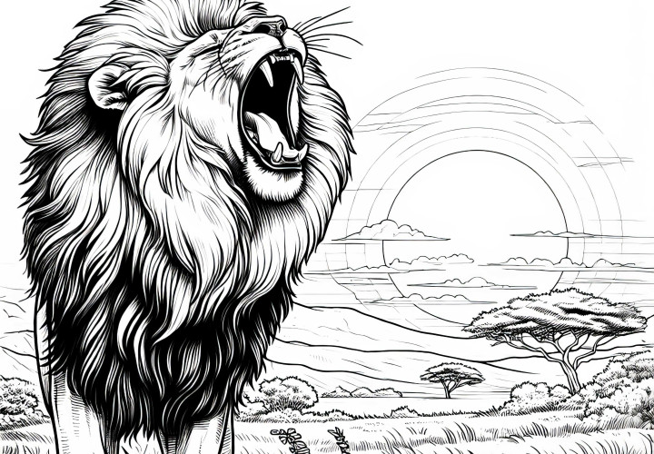 Leone con la bocca aperta al tramonto: modello da colorare da scaricare (gratuito) Leone con la bocca aperta al tramonto: Disegno da colorare da scaricare (Gratuito)