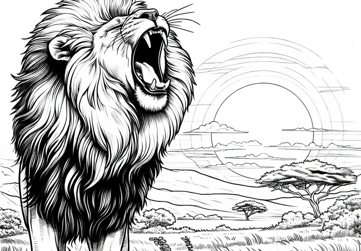Oroszlán nyitott szájjal naplementében: Színező minta letöltésre (Ingyenes)