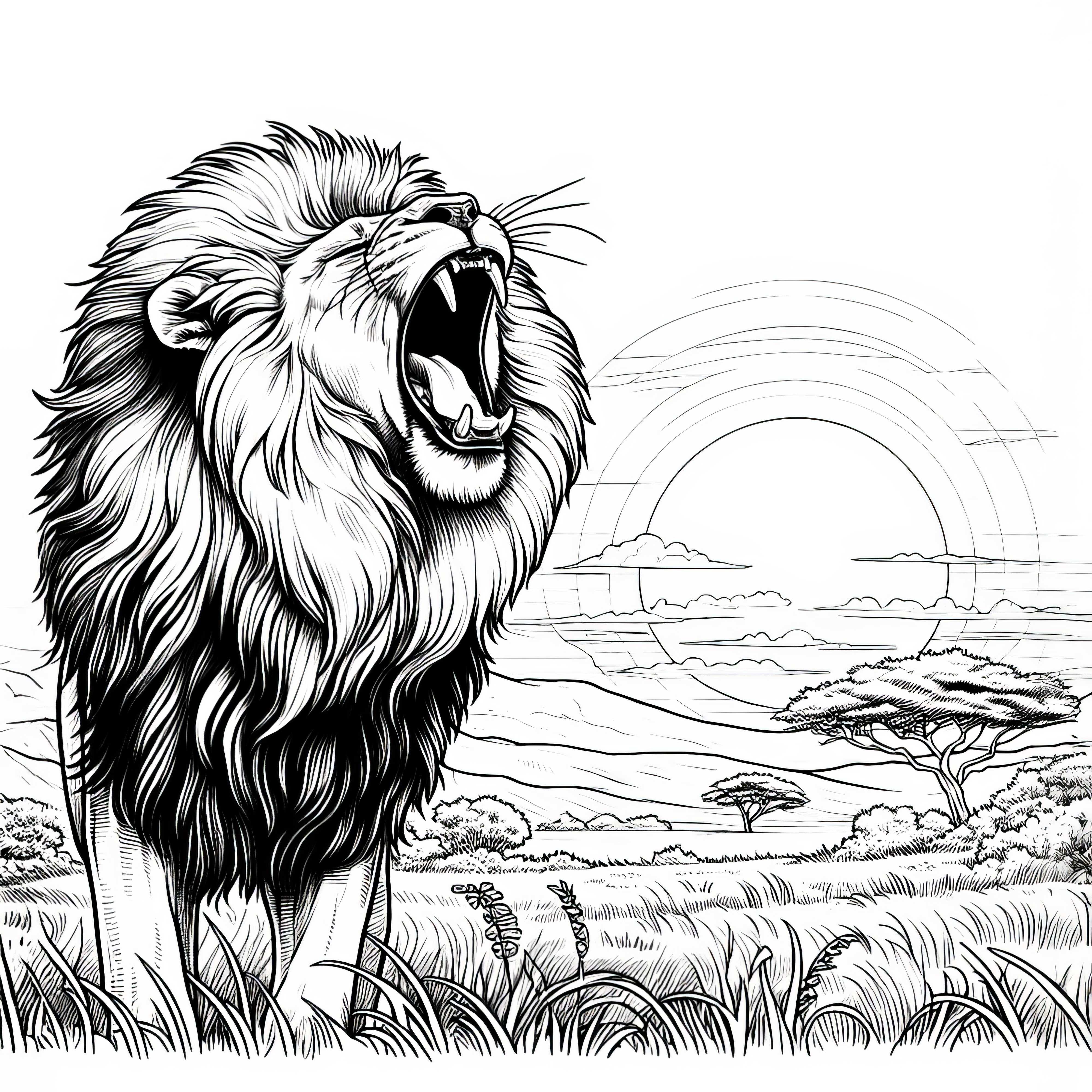 Leone con la bocca aperta al tramonto: Modello da colorare da scaricare (Gratuito)