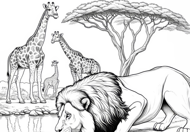 Leone al lago con giraffe sullo sfondo: immagine da colorare dettagliata da scaricare (gratuito) Leone al pozzo d'acqua con giraffe sullo sfondo: Disegno dettagliato da colorare da scaricare (Gratis)
