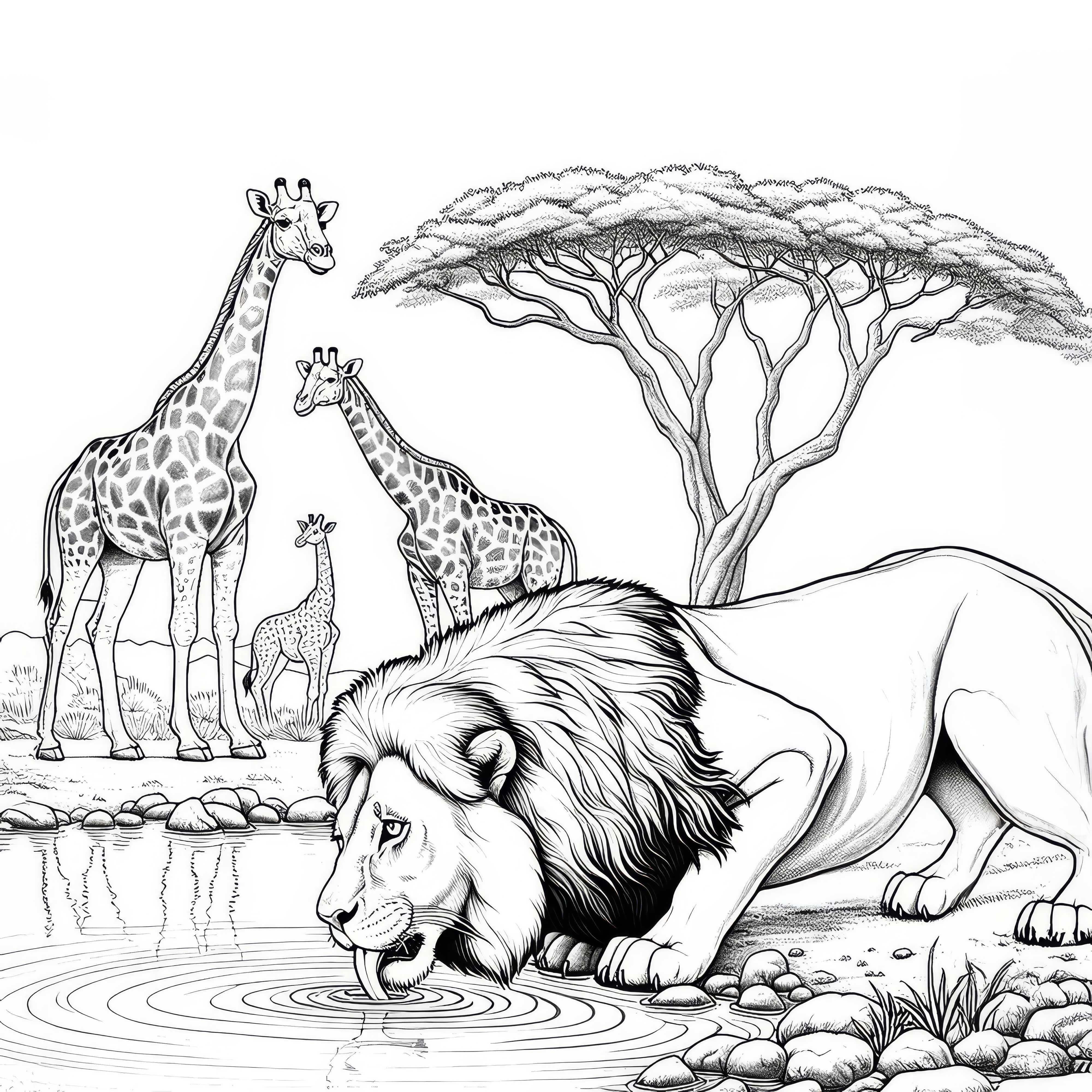 Leone al pozzo d'acqua con giraffe sullo sfondo: immagine da colorare dettagliata da scaricare (gratuito)