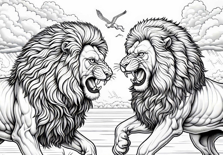 Leoni in battaglia: Immagine da colorare da scaricare (Gratuita) Leoni in combattimento: Immagine da colorare da scaricare (Gratis)