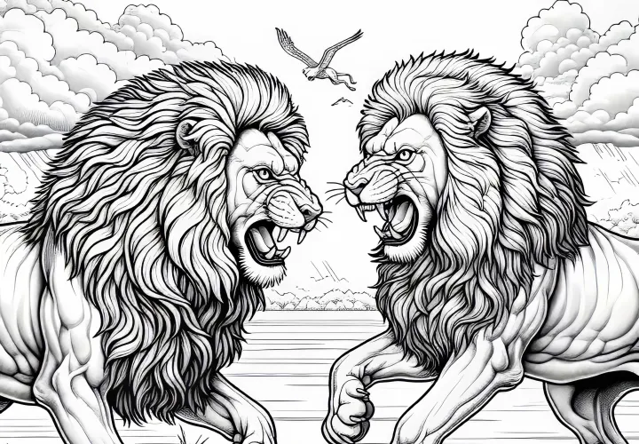 Oroszlánok harcban: Színezhető kép letöltéshez (Ingyenes)