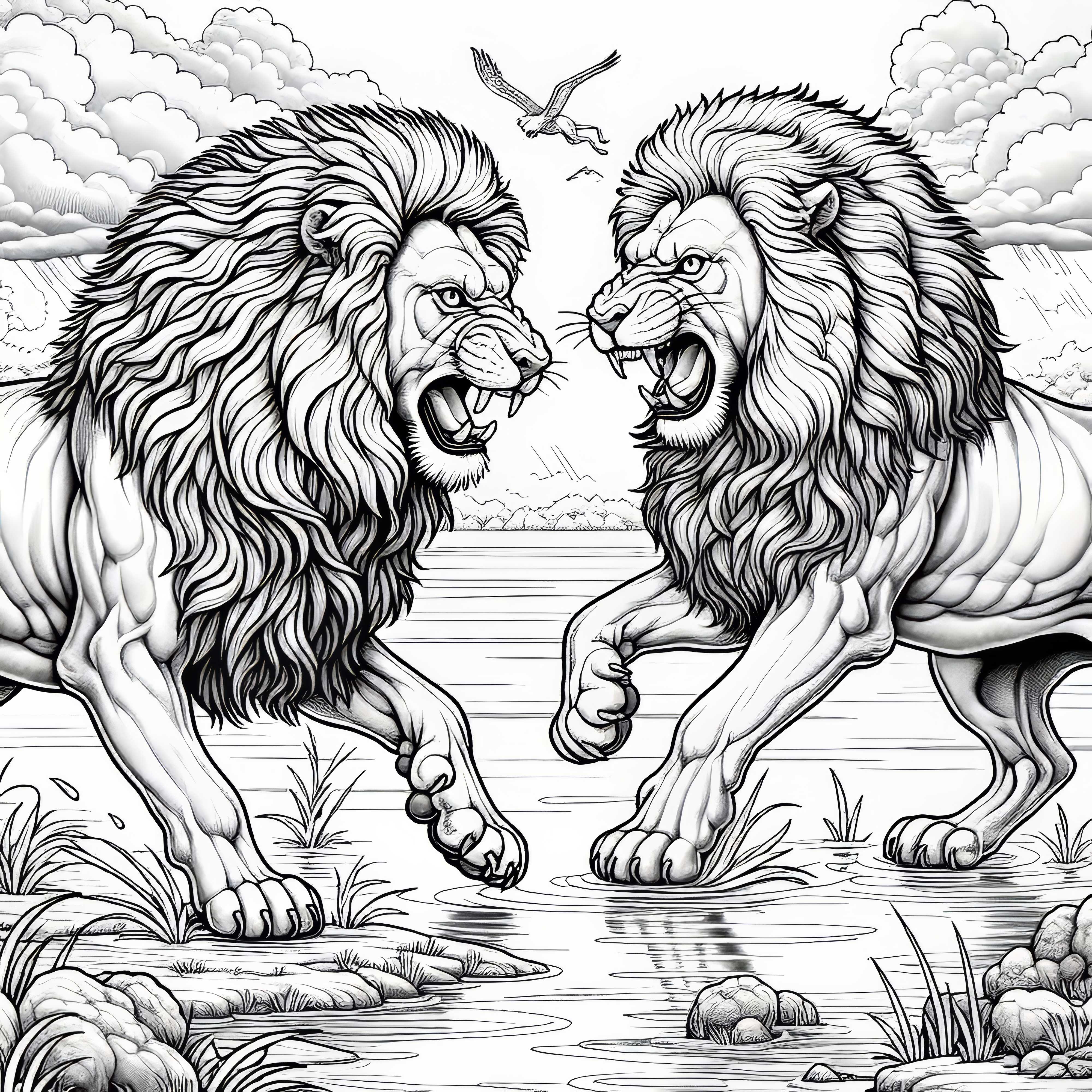 Leoni in combattimento: Immagine da colorare da scaricare (Gratis)