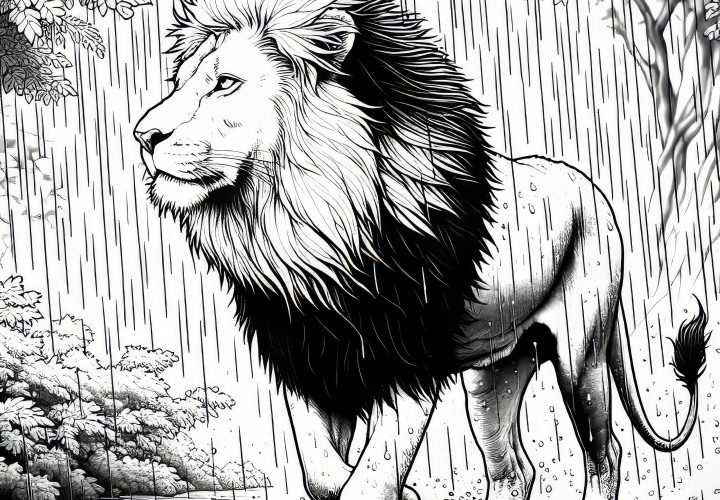Leone che cammina sotto la pioggia: Disegno da colorare dettagliato (Gratis) Leone che cammina sotto la pioggia: Modello da colorare dettagliato (Gratis)
