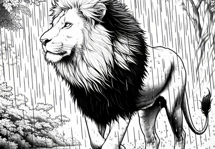 Oroszlán sétál az esőben: Részletes színező sablon (Ingyenes)