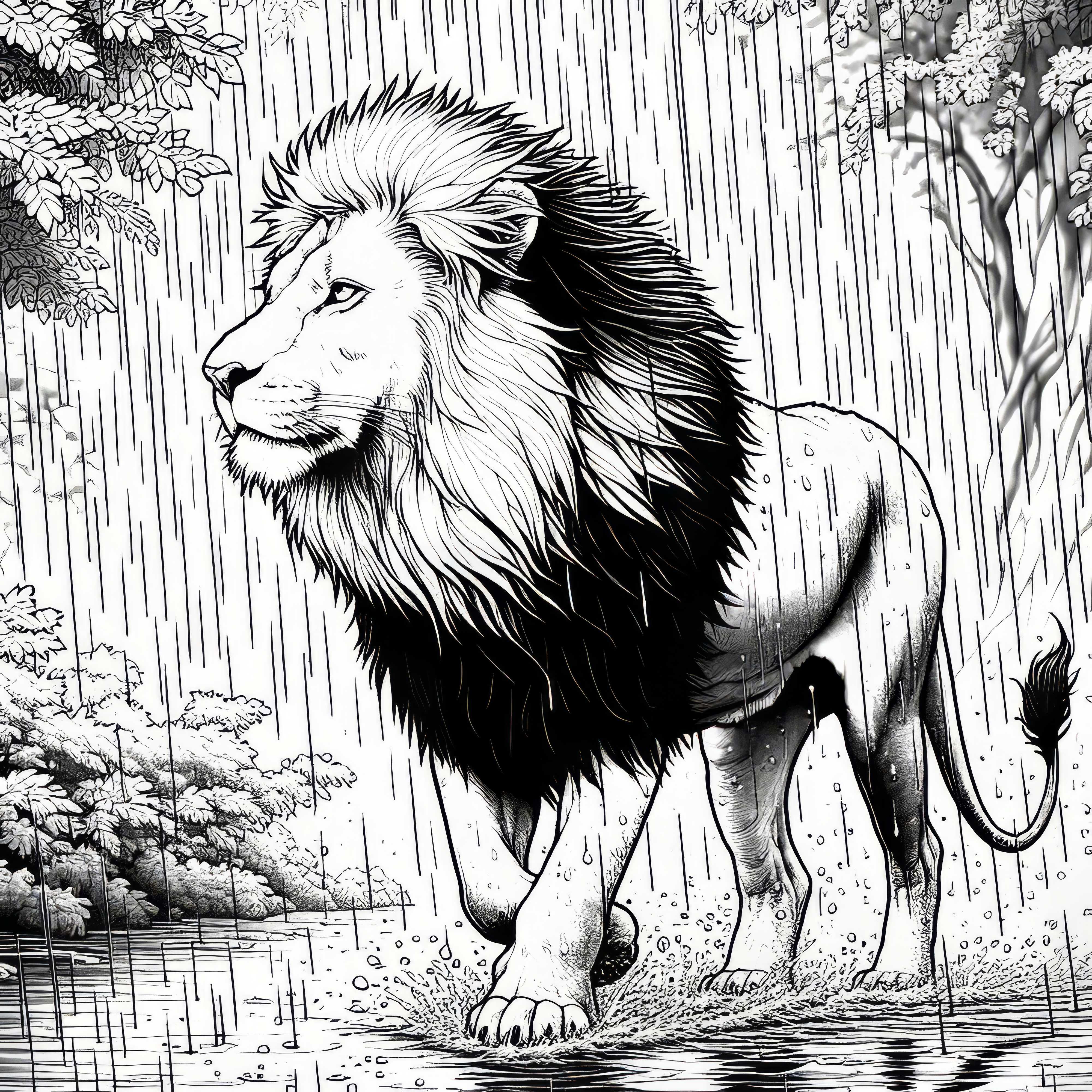 Leone che cammina sotto la pioggia: Colorazione dettagliata (Gratis)