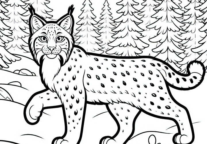 Lynx in the snowy forest: Coloring page for download (Free)