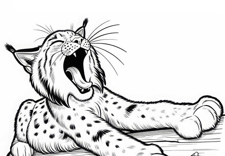 Lynx yawns and stretches its paws on tree trunk: Free coloring page