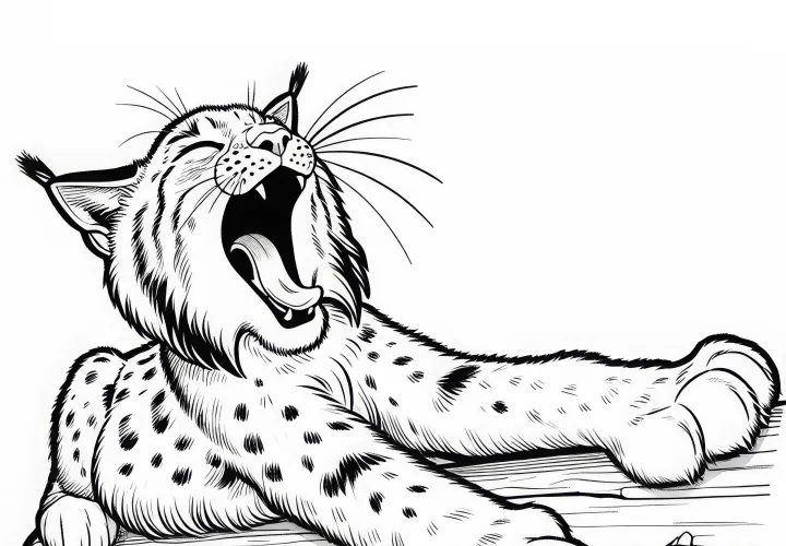 Râsul căscat și își întinde labele pe trunchiul de copac: Desen de colorat gratuit