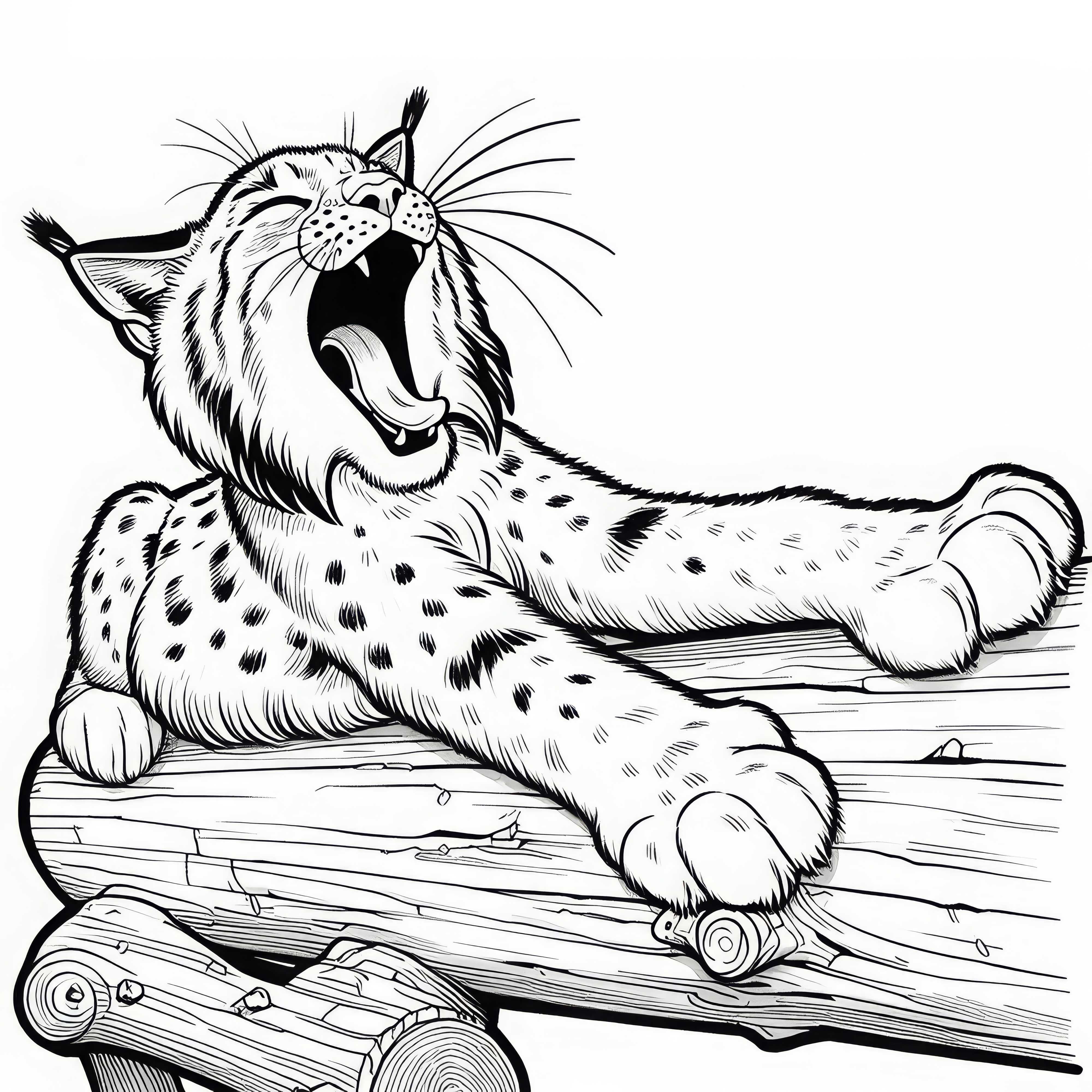 Lynx yawns and stretches its paws on a tree trunk: Free coloring page Lynx yawns and stretches its paws on a tree trunk: Free coloring picture