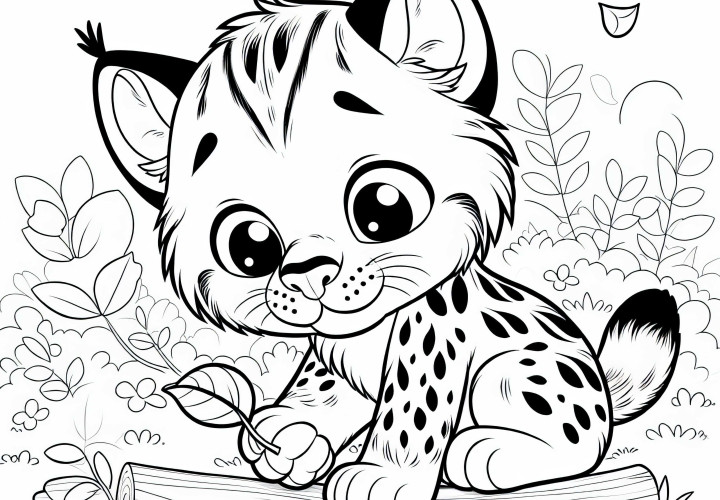 Lynx cub plays curiously with a leaf: Simple coloring page (Free)