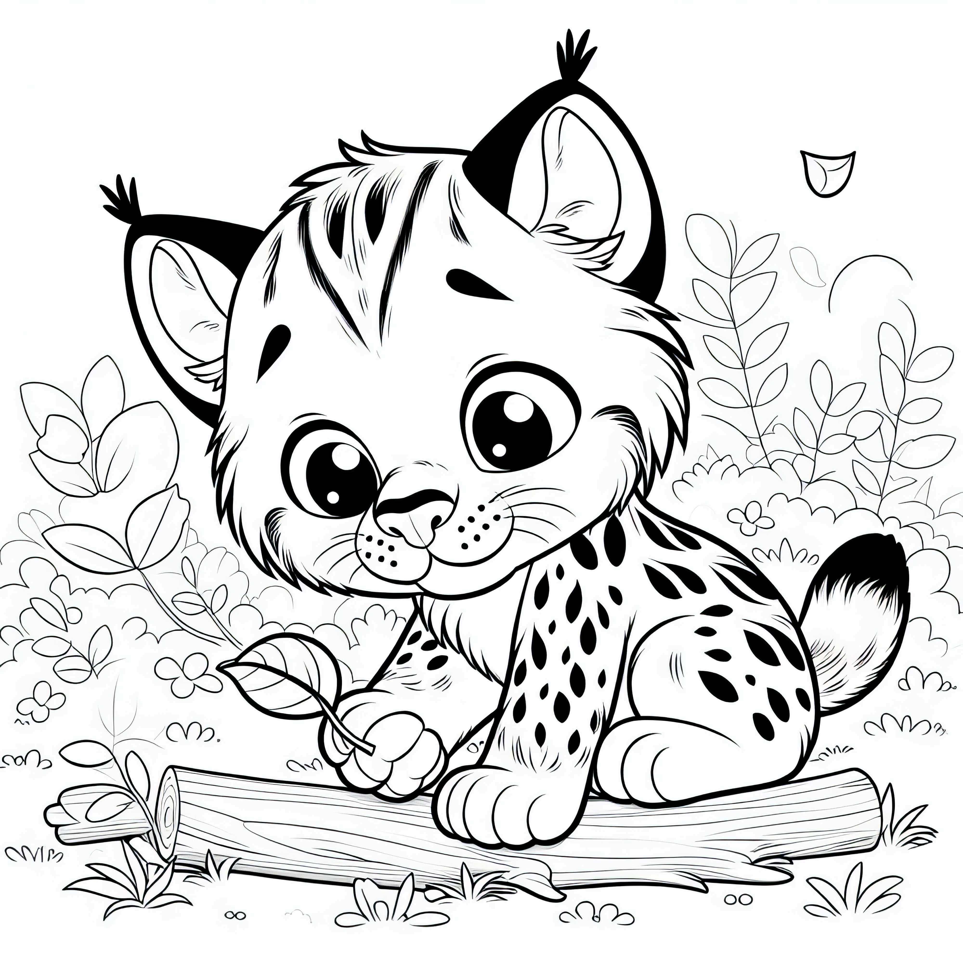 Lynx cub curiously plays with a leaf - Coloring page simple and free Lynx cub curiously plays with leaf – Coloring page free and easy
