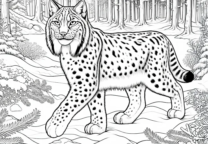 Răcnetul aleargă prin pădurea acoperită de zăpadă: Imagine de colorat pentru descărcare (Gratuit)