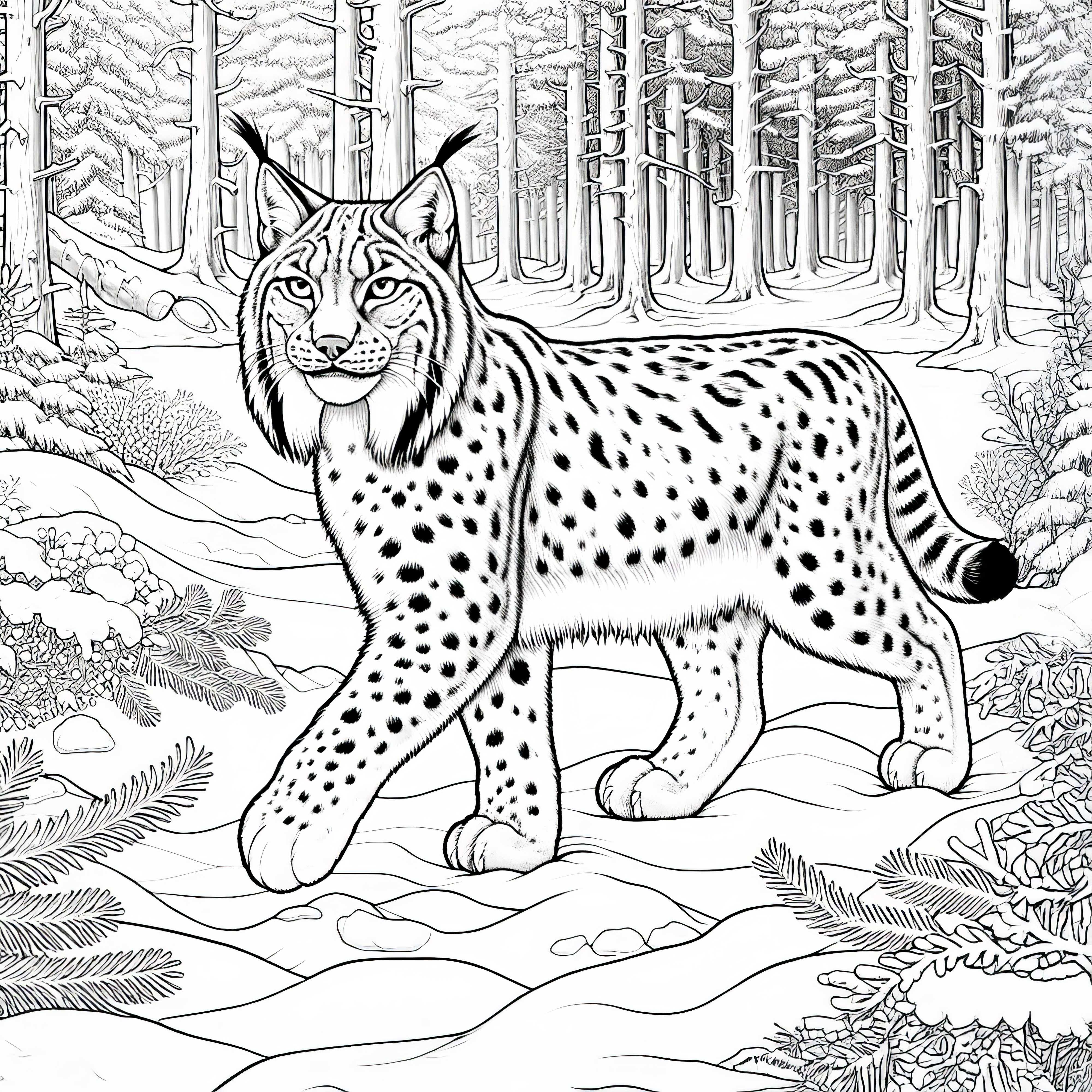 Rys běží zasněženým lesem: Obrázek k vybarvení ke stažení (zdarma)
