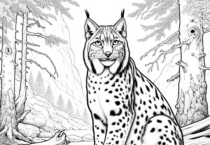 Lynx observing surroundings on a rock: Detailed coloring page (Free)