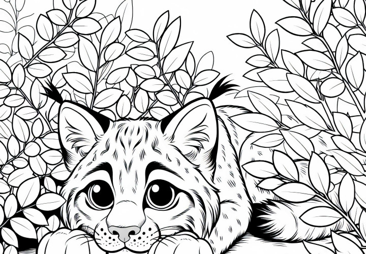 Lynx behind a bush: Simple coloring page (Free)
