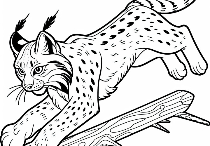 Rys skáče bleskurýchlo na korisť: Jednoduchý obrázok na vymaľovanie (zadarmo)