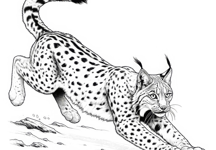Lynx jumps towards prey: Detailed coloring page (Free)