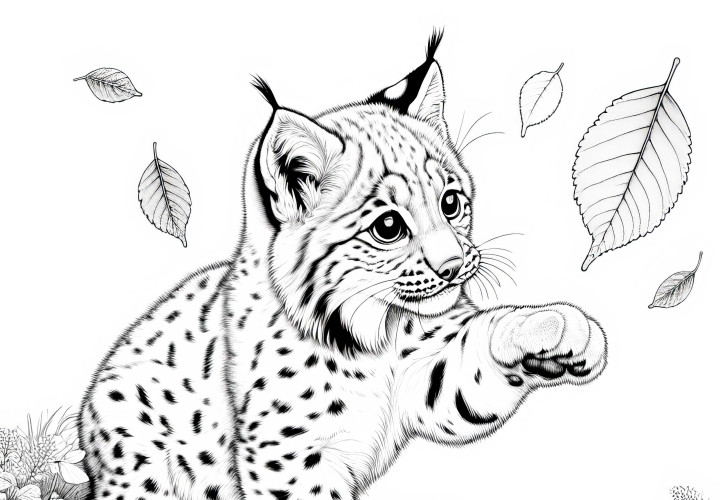 Lynx cub plays with falling leaf: Detailed coloring template (Free)