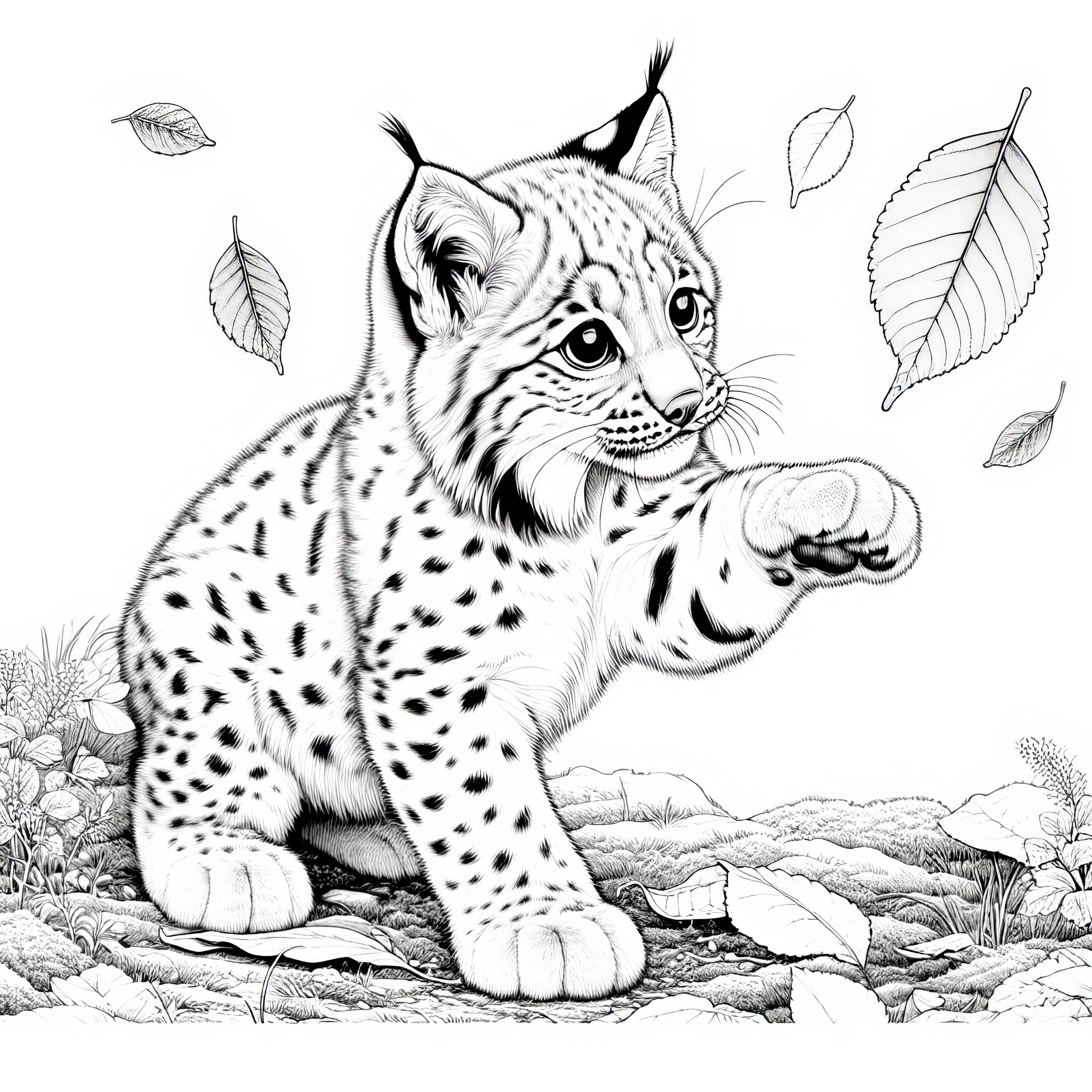 Lynx Cub Playing With Falling Leaf Detailed Coloring Page Free Lynx Cub Playing With Falling Leaf Detailed Coloring Page Free