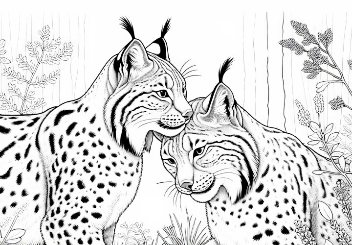 Two lynxes rub their heads against each other: Coloring page for download (Free)