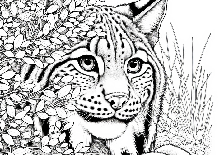 Rys sa skrýva za kríkom: Podrobná omaľovánka (zadarmo)