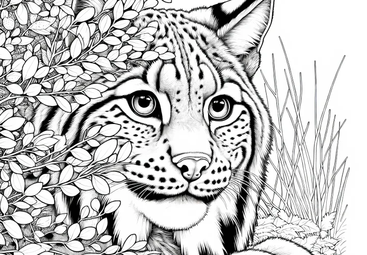 Râsul se ascunde după arbuști: Șablon de colorat detaliat (Gratuit)