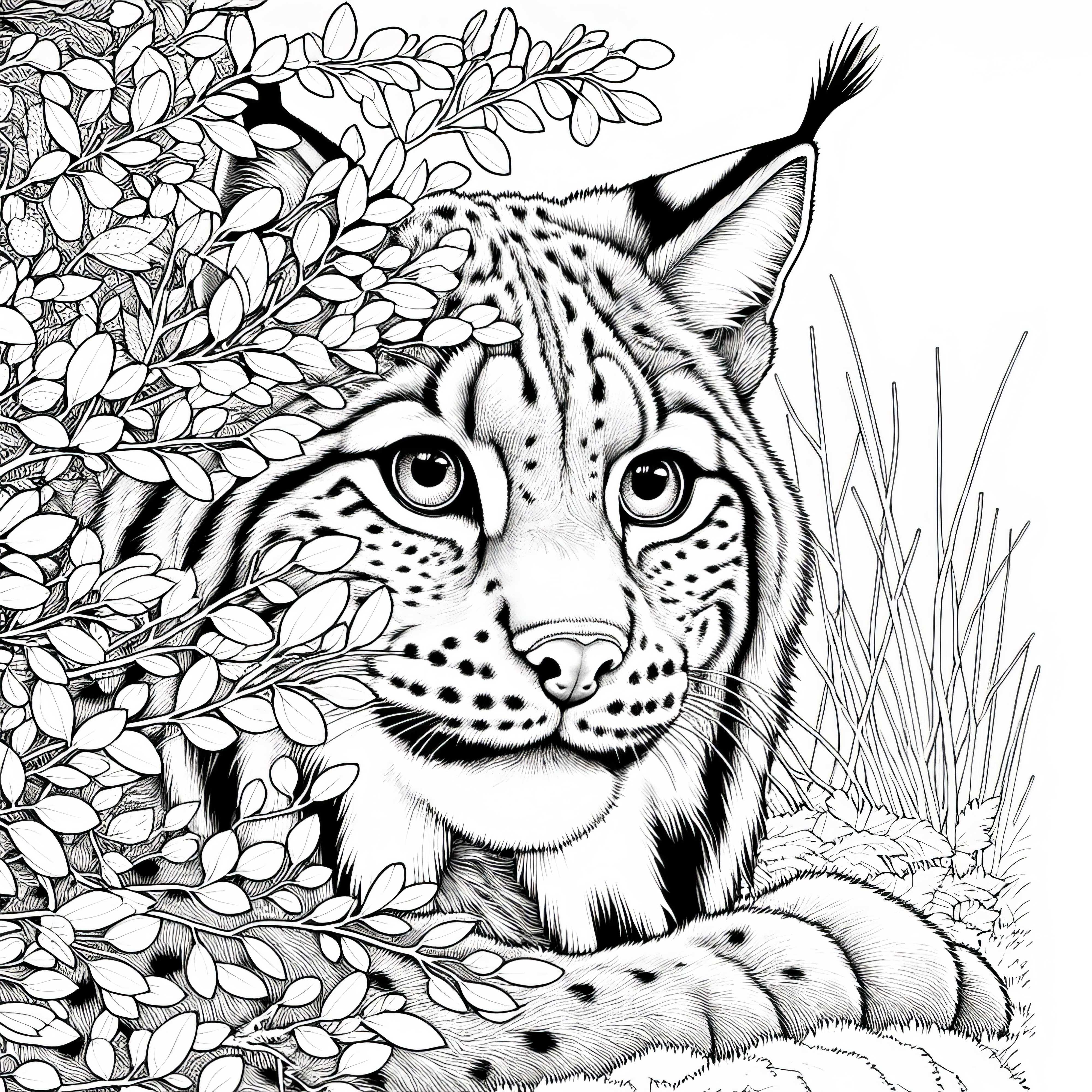 Le lynx se cache derrière un buisson : modèle à colorier détaillé (gratuit) Le lynx se cache derrière un buisson : Modèle de coloriage détaillé (Gratuit)