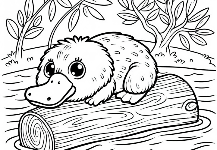 오리너구리는 물 위에 떠 있는 나무 줄기 위에서 쉬고 있습니다 - 무료 색칠하기 도안