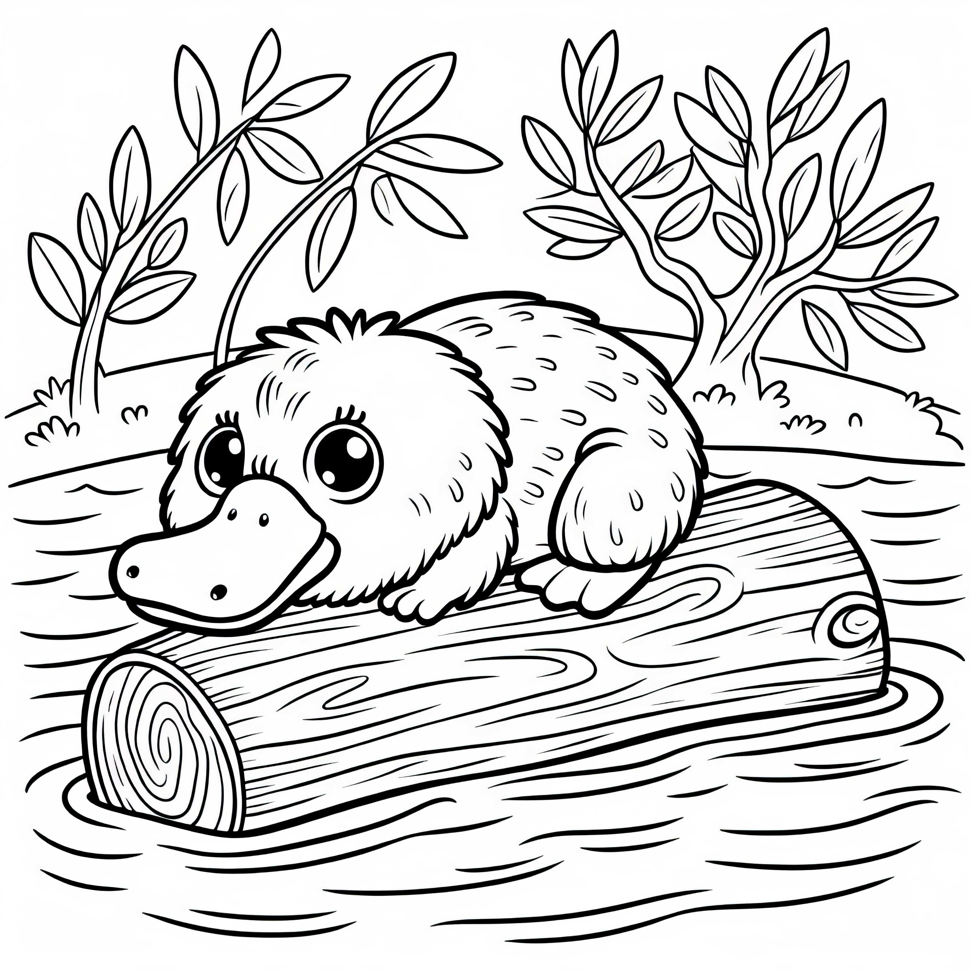 Platypus resting on a log floating in the water – Free coloring page