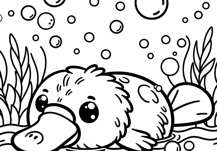 Platypus swims with bubbles around it – Free coloring page
