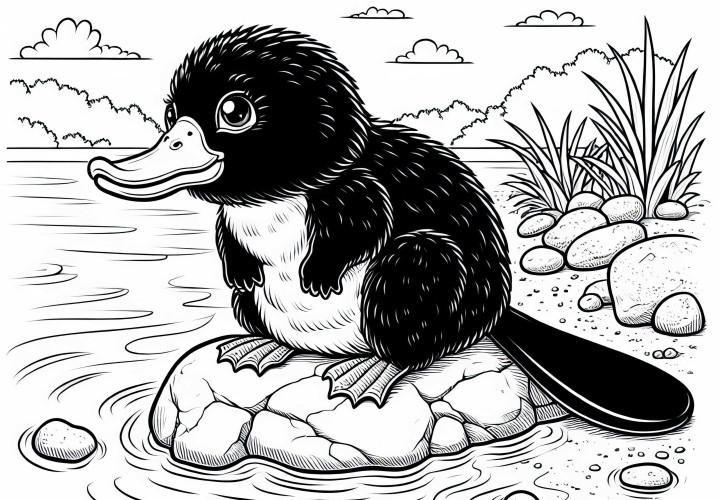 Platypus male sitting on a rock at the shore - Free coloring page