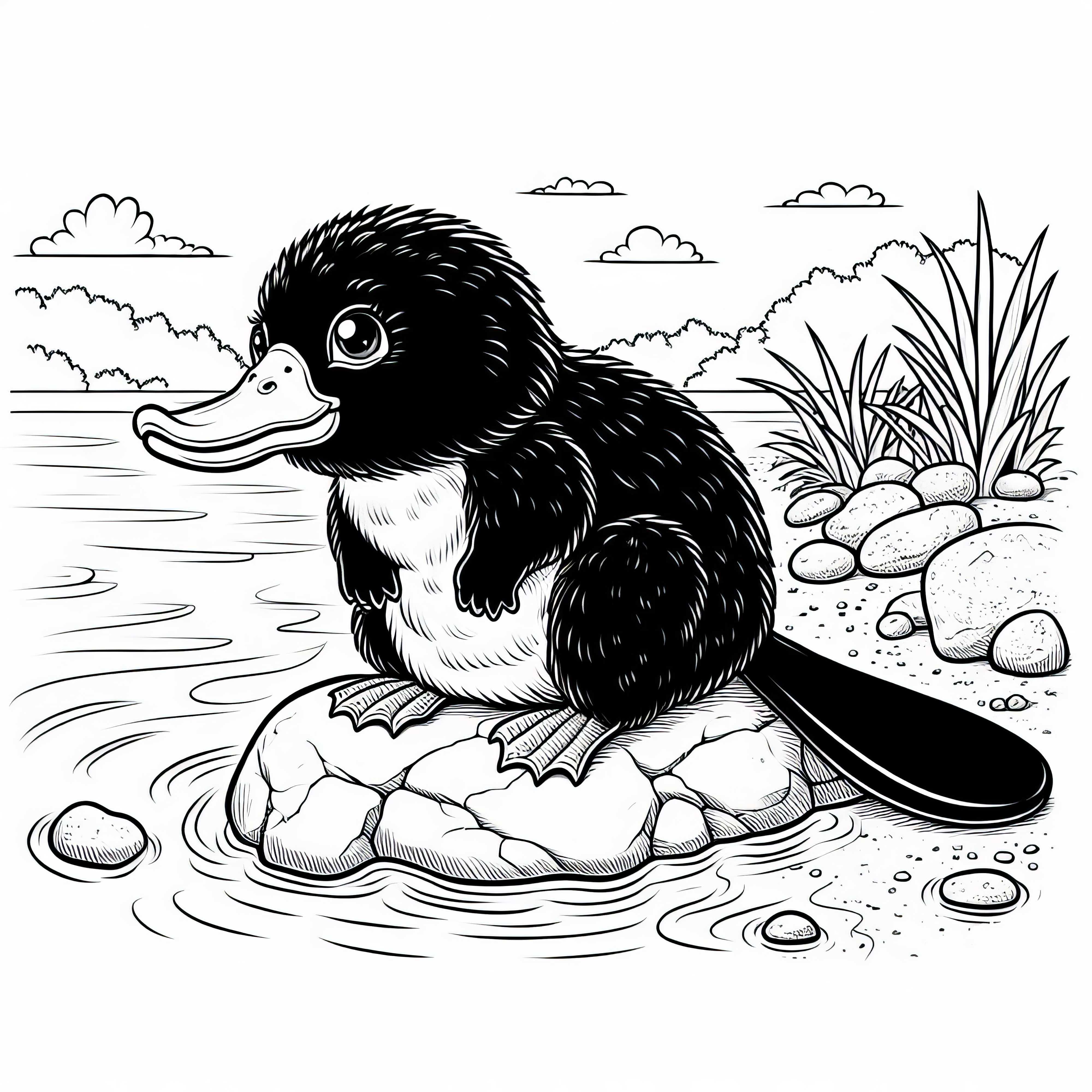 오리너구리 수컷이 해안의 바위 위에 앉아있습니다 - 무료 색칠 공부 자료