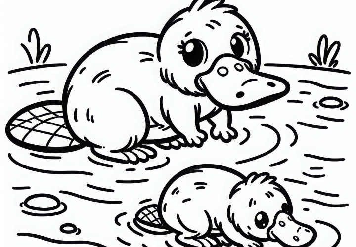 Platypus baby followed its mother through the shallow water - free coloring page