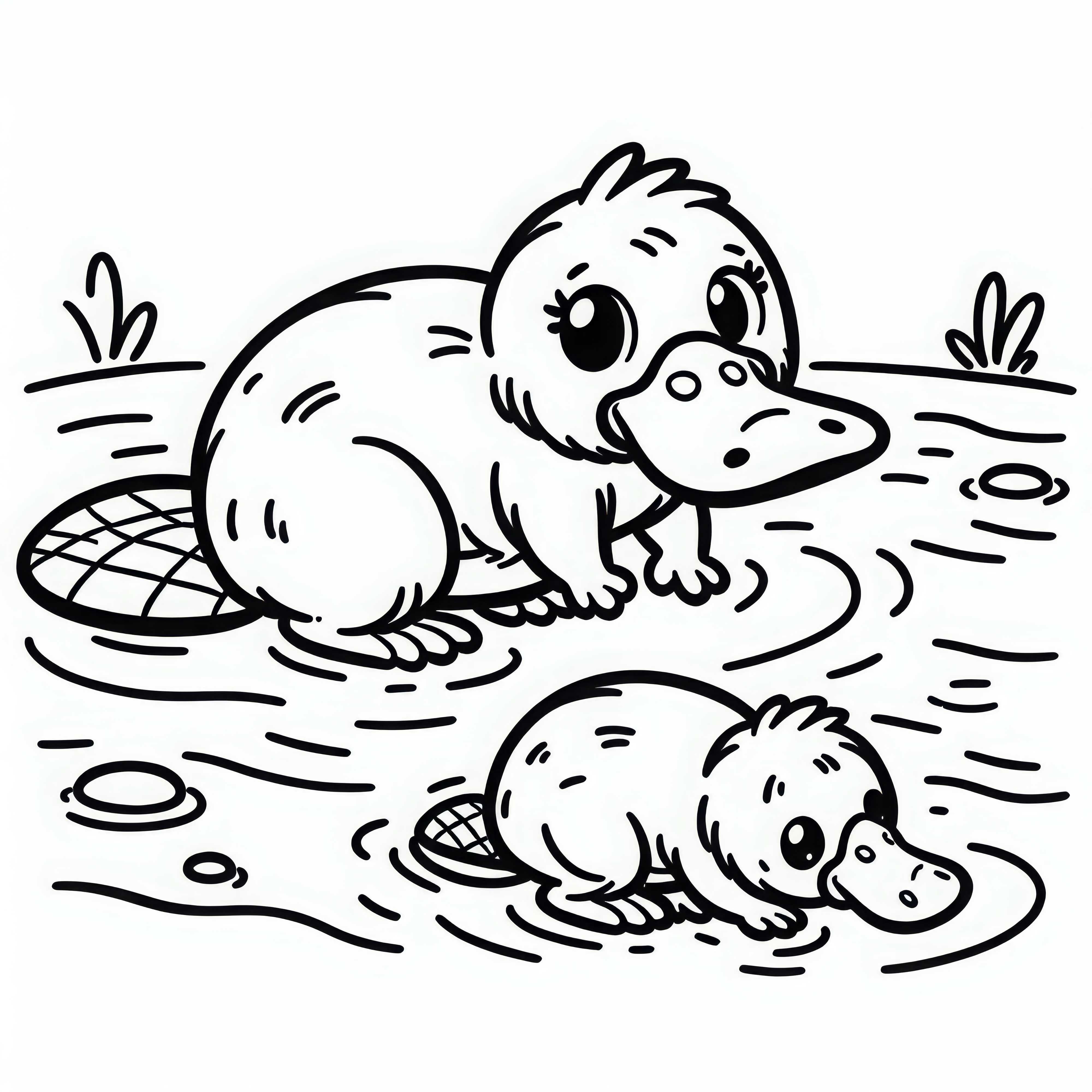 Platypus baby followed the mother through the shallow water – free coloring page Platypus baby followed the mother through the shallow water - free coloring page