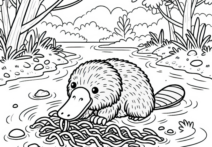 Platypus digs for worms in the riverbed with its bill - free coloring page