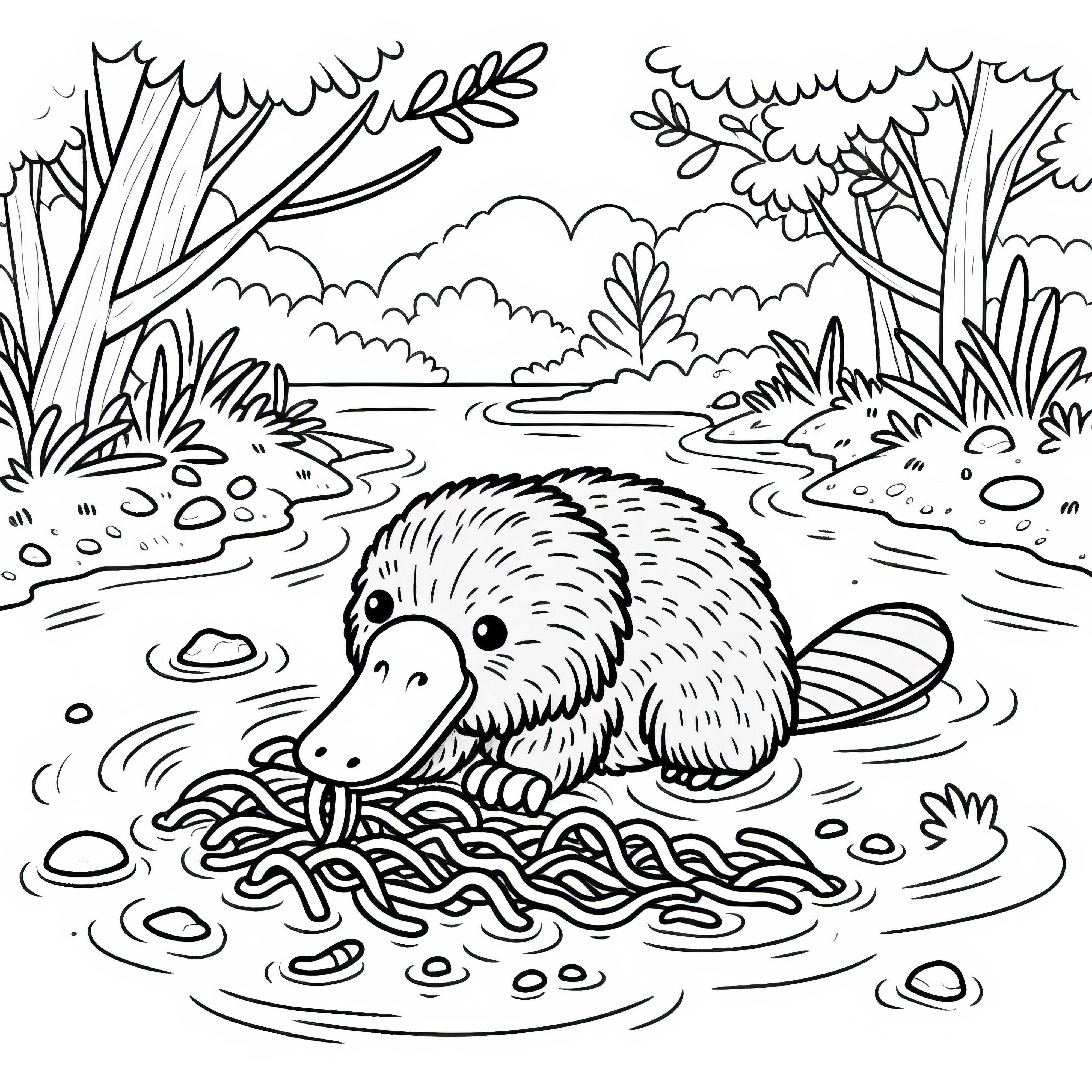 Platypus digs for worms in the riverbed with its beak - Free coloring page Platypus digs for worms in the riverbed with its bill – free coloring page