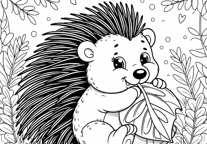 Porcupine happily eats a large leaf - Free coloring page