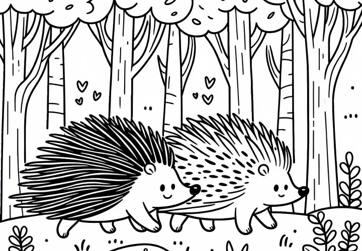 Two porcupines are walking side by side through the forest – free coloring template